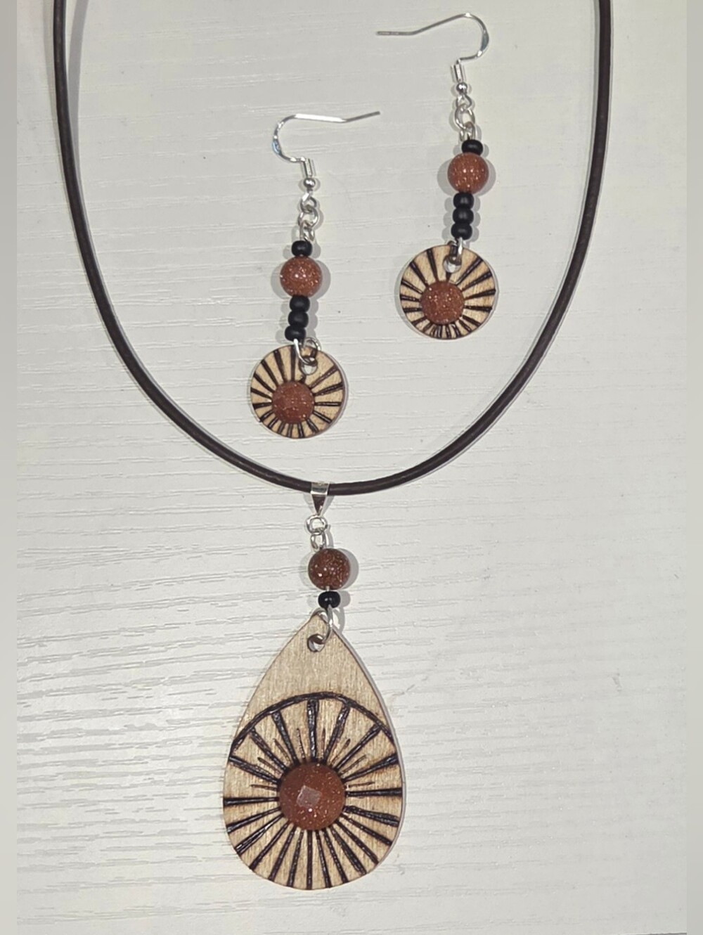 Handcrafted Sunburst Red Goldstone Wood Pendant Necklace & Earring Set Sterling